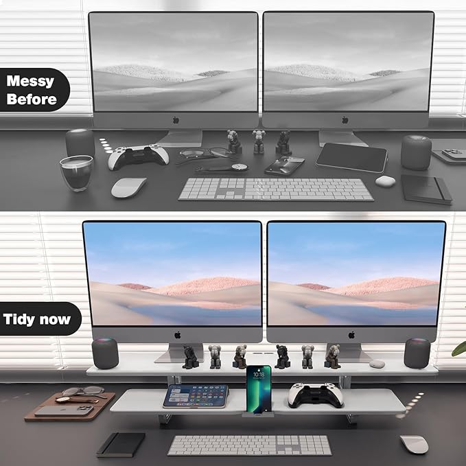 Dual Monitor Stand, 2-Tier Wood Monitor Riser with Storage Organizer and Cable Management, White