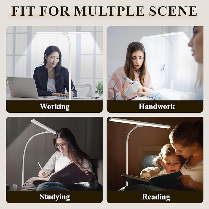 LED Desk Lamp with Clamp, Eye-Caring Adjustable Brightness, 3 Lighting Modes, Touch & Remote Control Clip Light for Home Office, Study, Computer Work, Reading, Puzzle, Task (White)