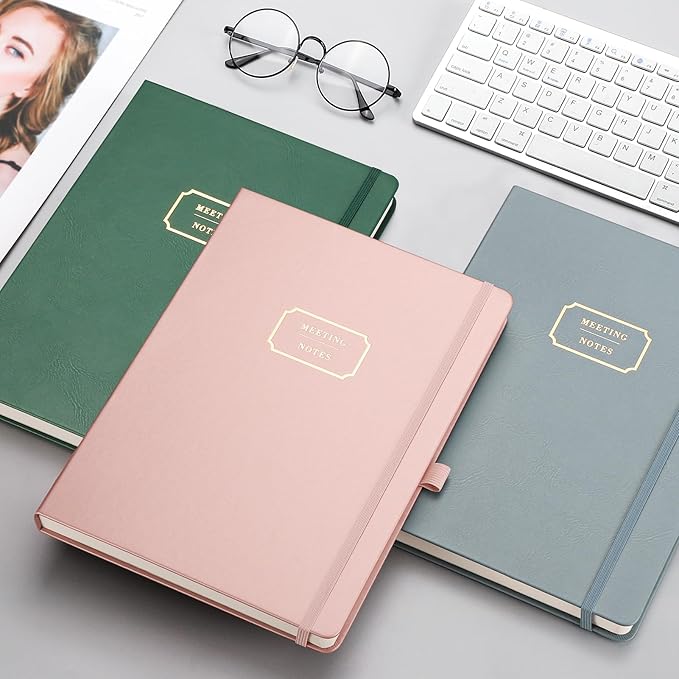 EMSHOI Meeting Notebook for Work with Action Items - 320 Pages B5 Thick Project Planner Agenda Organizer Work Notebook for Women Men Office Business, PU Leather Hardcover, 7.5" x 10", Gray Blue