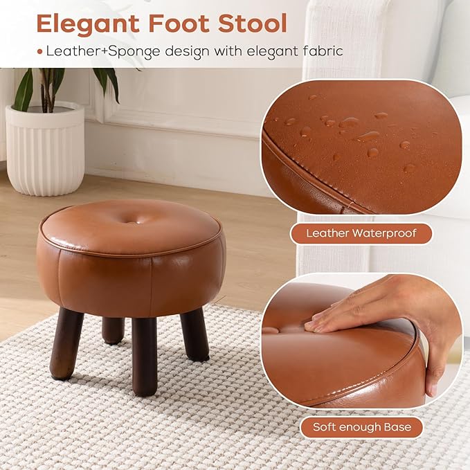 Small Foot Stool, Round Faux Leather Pouf Ottoman Foot Rest, Footstool Ottomans with Rubber Legs Under Desk, 13''L x 13''W x 10.2''H, Footrest for Couch, Living Room, Bedroom, Hallway, Brown