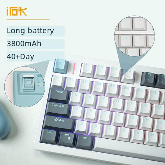 IROK FE75Pro Wireless RGB Hot Swappable Mechanical Keyboard, Three-Layer Dampening 81 Keys Gaming Keyboard, Customizable Backlit, USB-C/2.4GHz/Bluetooth- White/Blue