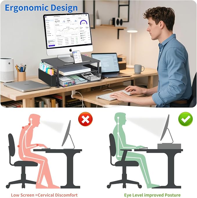 AUPSEN Wood Computer Monitor Stand Riser, 2-Tier Black Desk Organizer with Drawer, Pen Storage & Phone Holder ,Office Desk Accessories Desktop Organizer for Office Supplies