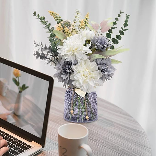 Home Decor Fake Flowers with Vase - Artificial Flowers Fake Plants Bouquet Decoration Realistic Dahlias, Hydrangeas, Eucalyptus Decor Modern Silk Flowers for Dining Table, Kitchen (Purple)