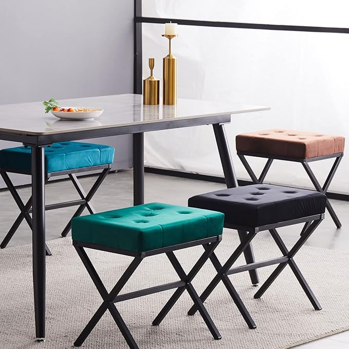 Wimarsbon Ottoman Foot Stool Tufted Vanity Stool Ottomans Thickened Cushion Footstool Mulifunctional Shoe Changing Seat Step Stools with Metal X Leg for Living Room Bedroom Velvet Teal