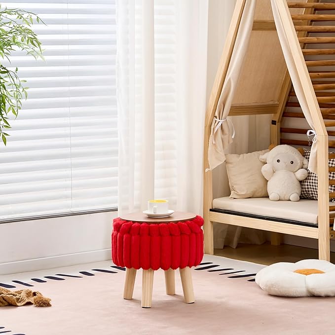 Wimarsbon Storage Ottoman,Soft Faux Fur Footstool with Padded Seat, Small Reading Vanity Chair, Footrest with Wood Tray for Couch, Mini Coffee Table or Display Stand (Red, Round Storage)