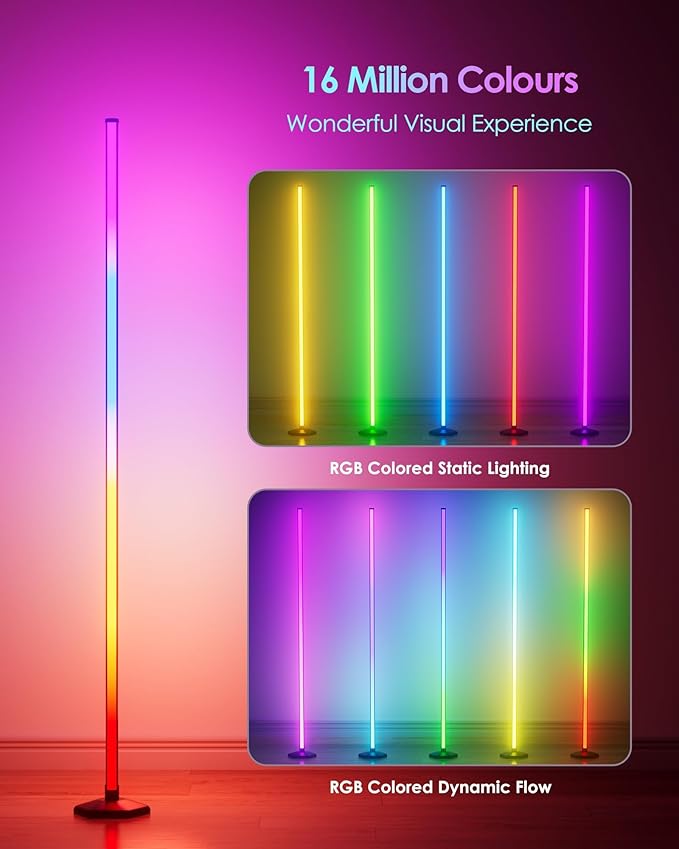 RGB+W Corner Floor Lamp, 65" Color Changing 24V LED Floor Lamp with Cool White Bluetooth APP Remote Control Music Sync Modern Stand Lamp 16 Million DIY Colors for Living Room Bedroom