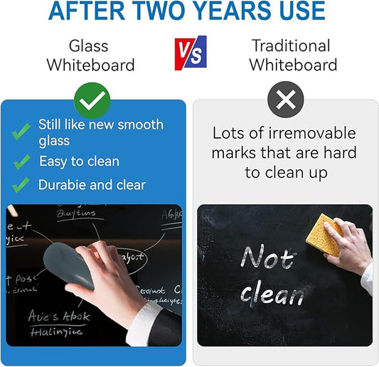 Glass Dry Erase Black Board - Magnetic Blackboard 48"X36" Frameless Whiteboard Clear Glass Boards with Super Strong Magnets, Wall Mounted for Office, Classroom and Home