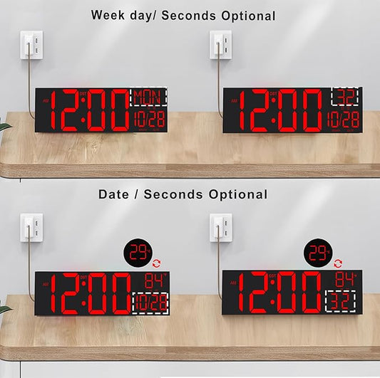 JALL 30" Large Digital Wall Mount Clock with Remote Control, Alarm, Big LED, Countdown, Auto DST, Temperature for Living Room Classroom Desk, Xmas, Birthday Gift, Black Shell Red Font