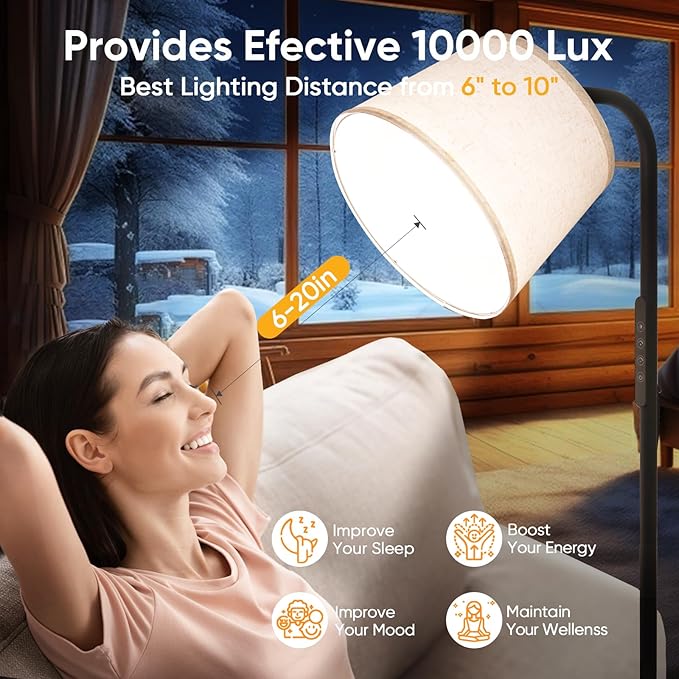 Light Therapy Lamp, 10000 Lux Daylight Lamp with Remote & Touch Control, Adjustable Color/Brightness/Timer, Therapy Light Floor Lamp with Linen Shade for Bedroom, Office, Living Room