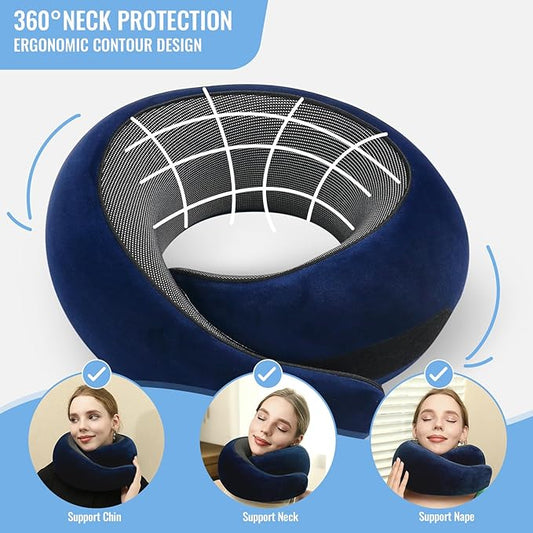 Badink® Memory Foam Neck Travel Pillow, Neck Pillow Airplane with MagicStrap – Adjustable Ergonomic Travel Pillow for Office/Airplane/Car, Washable Cover, Portable Cervical Support (darkblue)