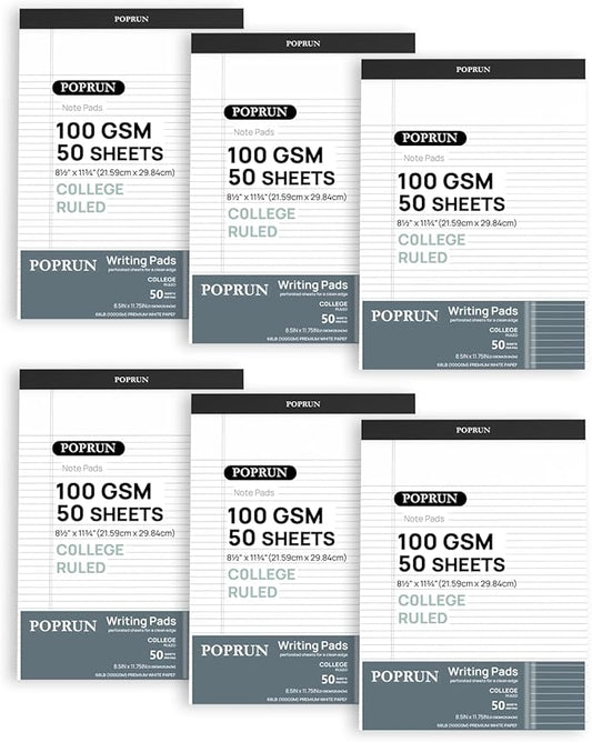 POPRUN White Legal Pads 8.5 x 11.75 College Ruled, 100GSM Writing Paper Pad, Bulk Lined Notepad Notebooks for Work School, Classroom Office Supplies, 6 Pack