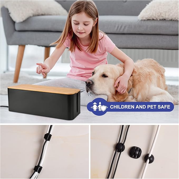 Cable Management Box - Wooden Style Cord Organizer Box to Hide Wires & Power Strips | Desk Computer Cable Organizer Box | Safe ABS Material | 12.6" (L) x 5.3" (W) 4.9" (H) | for Home & Office - Black