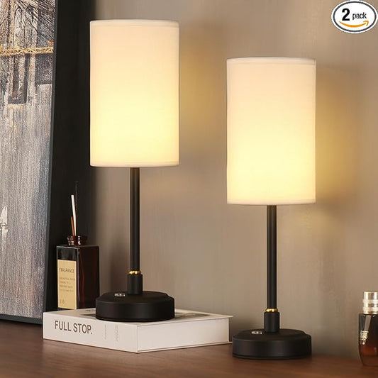Set of 2 Small Touch Nightstand Lamp Rechargeable Battery Operated Cordless LED Table Lamp, Portable 3 Colors Stepless Dimmable Fabric Desk Light for Restaurant/Bedroom/Outdoor (White+Black)