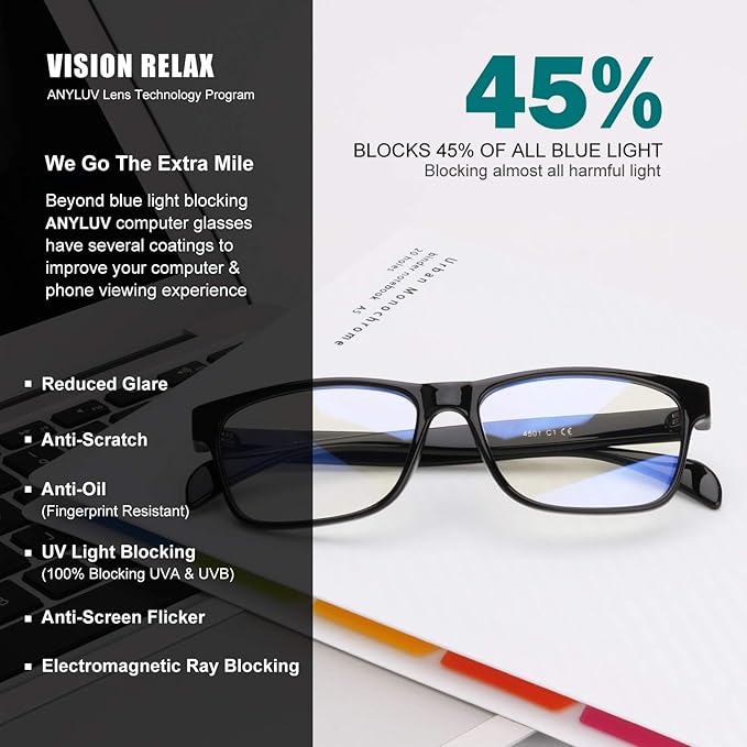 ANYLUV Blue Light Glasses Men Woman, Blue Light Blocking Glasses for Computer Gaming, Eye Strain Relief Eye Protection