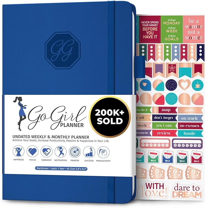 GoGirl Planner and Organizer for Women – A5 Size Weekly Planner, Goals Journal & Agenda to Improve Time Management, Productivity & Live Happier. Undated – Start Anytime, Lasts 1 Year – Royal Blue