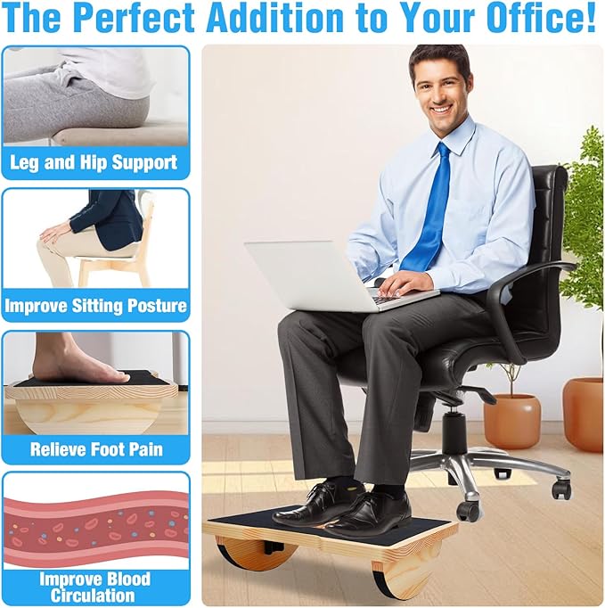 Wood Foot Rest for Under Desk at Work, Ergonomic Foldable Footrest with Roller Massager for Enhanced Circulation & Comfort, Standing Desk Rocker Balance Board for Office & Home