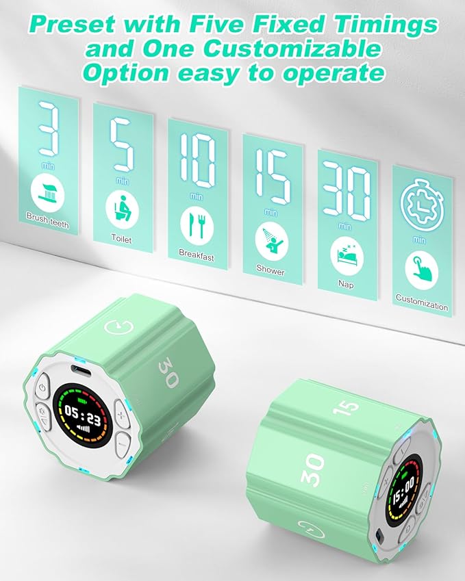 Digital Magnetic Hexagonal Timer Management Cube Timer with Customizable Alerts & Countdown - Rechargeable & Compact for Cooking, Working, Studying (Avocado Green)