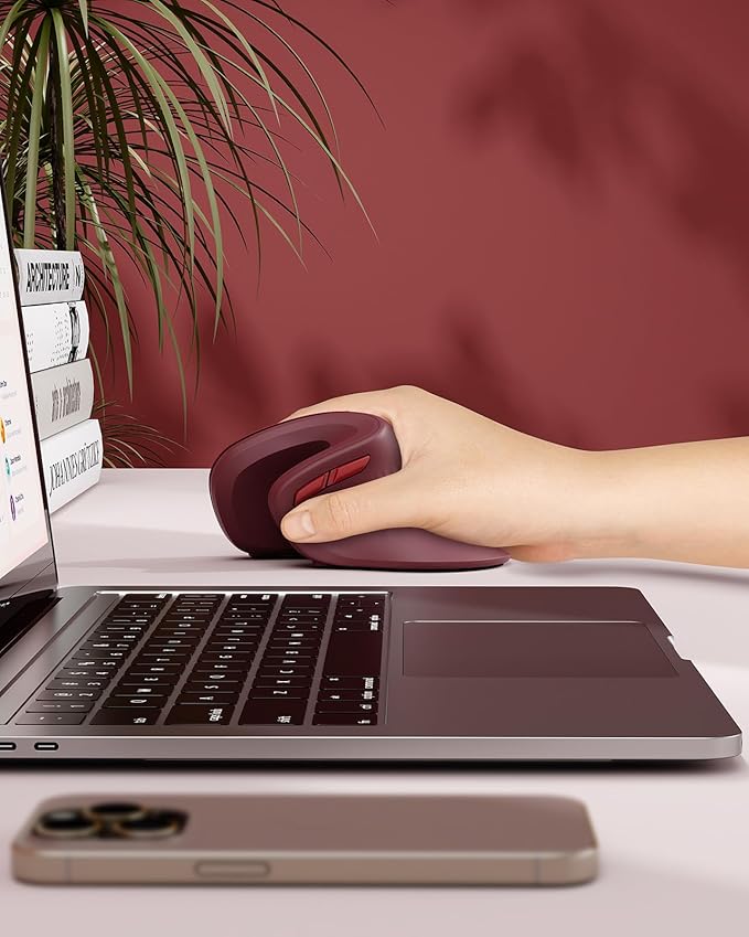 seenda Ergonomic Vertical Mouse with Jiggler - Bluetooth + 2.4G USB Multi Device, Wireless Ergo Mice, Jiggler Mouse Mover for Laptop/PC/Notebook, Computer Mice for Windows, Mac OS (Wine Red)