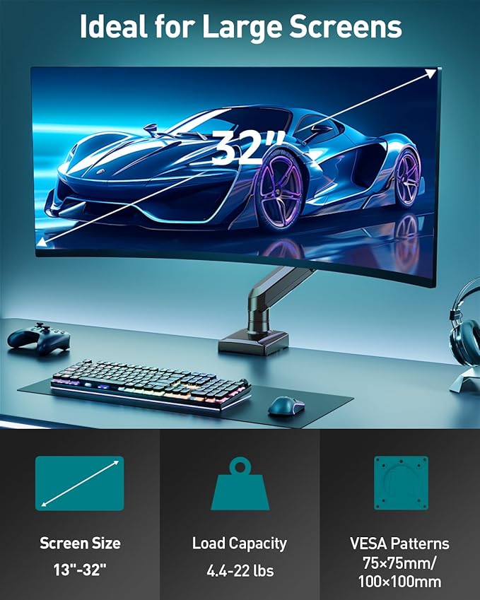 Single Monitor Desk Mount, 13-32 inch Adjustable Gas Spring Monitor Arm, Computer Monitor Stand Holder with Clamp and Grommet Base, Fits 4.4 to 22lbs Screens, VESA Mount Bracket, Black, Freelift Pro