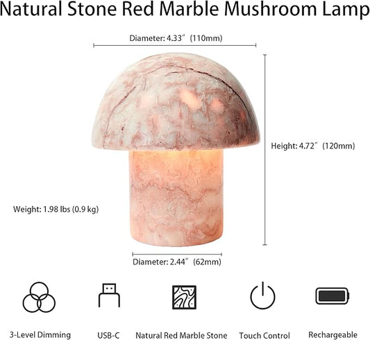 Marble Mushroom Table Lamp - Small Rechargeable USB-C Cordless Touch-Dimmable Night Light, Hand-Polished Natural Stone, 4.3"x4.7"