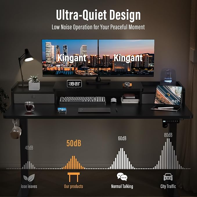 Kingant 63" x 30" Standing Desk with Drawers, Large Desktop, Ergonomic Sit Stand Desk for Home Office Work, Cable Management, 3 Preset Heights & 2 Hooks, Classic Black