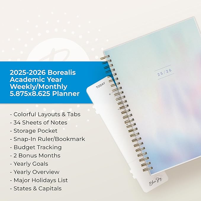 Blue Sky 2025-2026 Academic Year Weekly and Monthly Planner Calendar, July 2025 - June 2026, 12-Month, 5.8" x 8.6", Flexible Cover, Wirebound, Laminated Tabs, Storage Pocket, Borealis