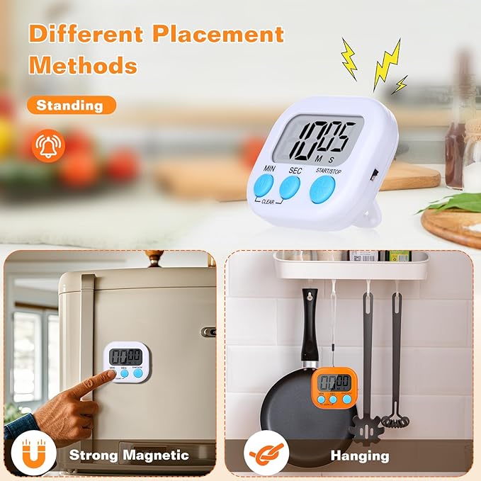 12 Pack Digital Kitchen Timers for Cooking, Small Magnetic Countdown Classroom Timers for Teachers Kids, Big Digits Loud Alarm Backing Stand Timer for Kitchen, Shower, Study, Work, Exercise Training