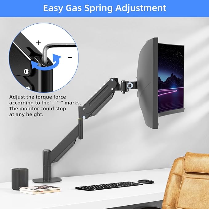 Suptek Ultrawide Single Monitor Arm Mount for 17 to 43 Inch Heavy Duty Curved Screen,Holds 28.6 lbs,Adjustable Gas Spring Monitor Arm Desk Mount Stand,75/100 Vesa Mount,Black(MD71M)