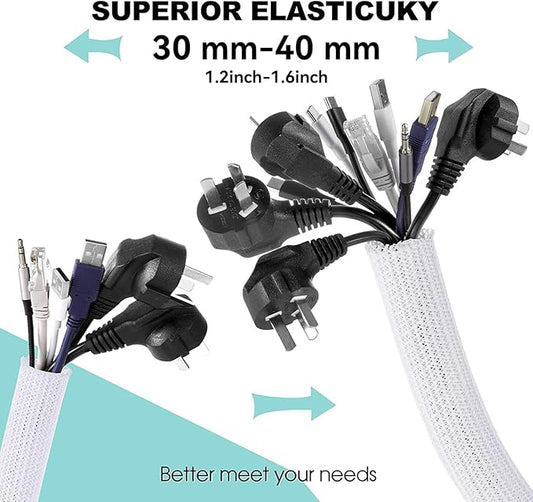 AGPTEK Cable Sleeve Cover, 2Pack 5ft - 1.6 inch Desk Cord Organizer Cable Hider, Home Office Wire Management Computer TV Wire Loom Tubing, Pet Proof Cord Protector, from Cat Dog Chewing, White