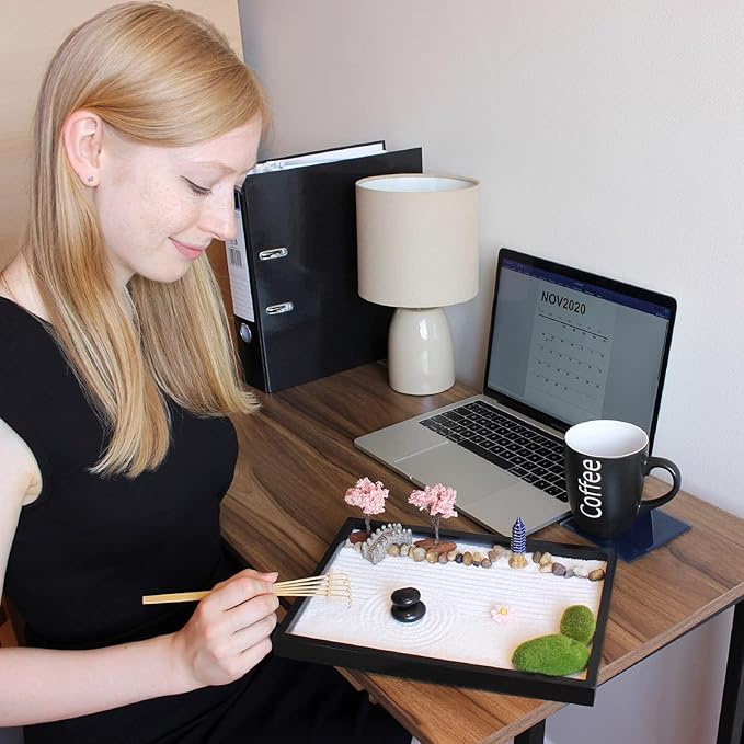 Zen Garden Kit 11x8in. Beautiful Japanese Decor Mini Rock Feature Gift Set for Home, Office Desk. Zen Sand Garden, 6 Tools, 15 Accessories. Sand Tray Therapy Desktop Meditation Room