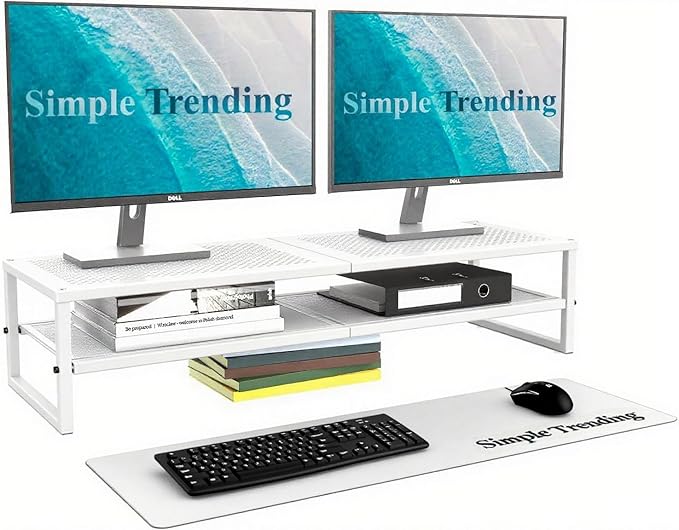 Simple Trending 2 Tier Metal Dual Monitor Stand Riser, Computer Office Desktop Organizer for 2 Monitors with 32"x10" Mouse Pad for Laptop, Printer, TV, White