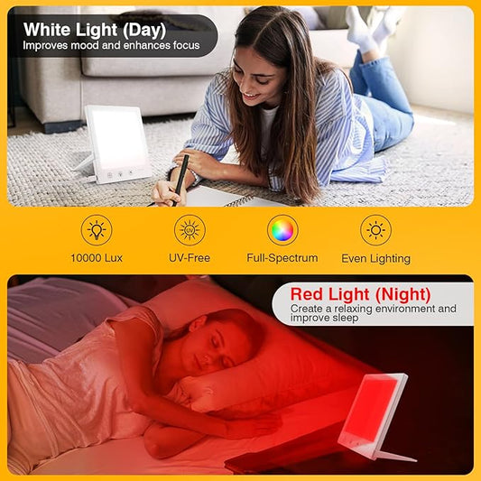 Light Therapy Lamp with Red & White Light - 10,000 Lux LED Sun Light Therapy Lamp for Face, Energy, Sleep & Skin Care, 4 Adjustable Modes & 5 Brightness Levels, Timer Function, UV-Free with Power Bank