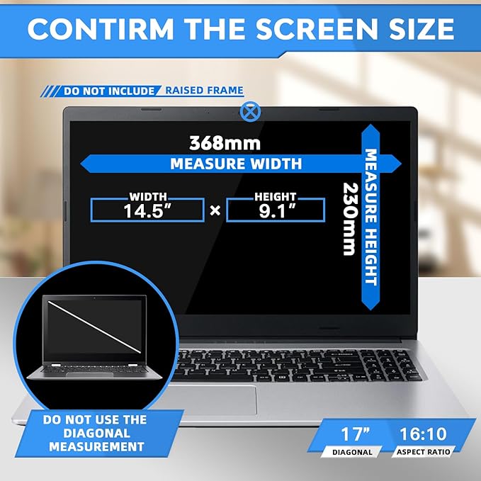 ZOEGAA 17 Inch Laptop Privacy Screen Filter for 16:10 Widescreen Display 14.5"x9.1" - Laptop Screen Privacy Shield and Anti Blue Light Anti Glare Screen Protector