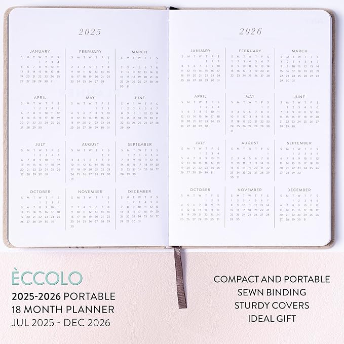 2025-2026 Eccolo 18 Month Linen Bound Planner, Monthly & Weekly Pages (5.25 x 7.75" - July 2025 - Dec 2026)