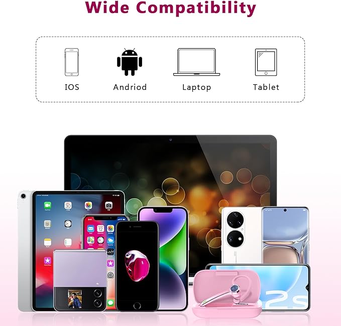 Bluetooth Headset, Wireless Bluetooth Earpiece with 500mAh Charging Case 72 Hours Talking Time Built-in Microphone for iOS Android Cell Phone, V5.1 Hand-Free Headphones for Trucker, Office-Pink