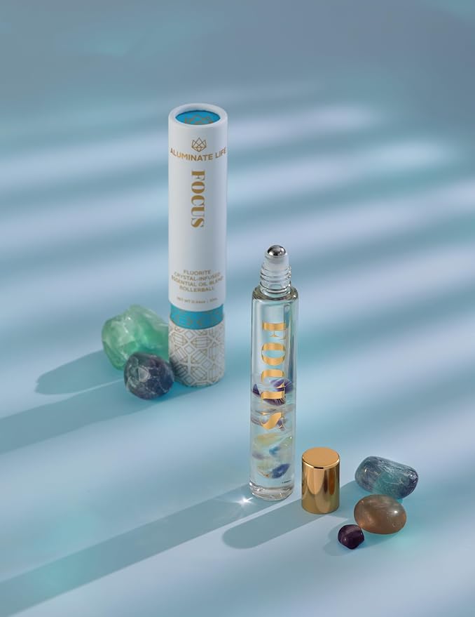 Essential Oil Rollerballs, .34 OZ, Focus - Fluorite Crystal Infused - Scents of Orange, Ginger, Ylang-ylang, & Lavender - Aromatherapy Roll On Oils, Skin Care, Massage