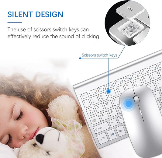 Wireless Keyboard and Mouse Ultra Slim Combo, TopMate 2.4G Silent Compact USB 2400DPI Mouse and Scissor Switch Keyboard Set with Cover, 2 AA and 2 AAA Batteries, for PC/Laptop/Windows/Mac-Silver White