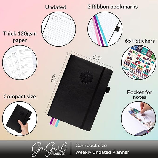 GoGirl Planner and Organizer for Women – Compact Size Weekly Planner, Goals Journal & Agenda to Improve Time Management, Productivity & Live Happier. Undated – Start Anytime, Lasts 1 Year – Black