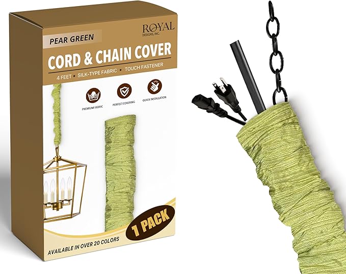 Royal Designs, Inc. Cord & Chain Cover 4 ft Silk Type Fabric, Chandelier Pendant Lighting Chain & Cable Management, Touch Fastener, Pear Green - 1 Pack