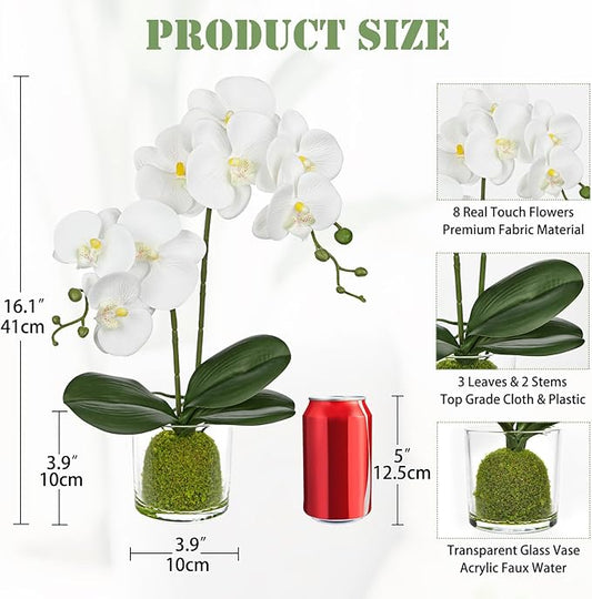 White Orchids Artificial Flowers 16.1" Faux Orchids Plant in Pot Fake Flower Arrangements with Glass Vases Small White Centerpieces for Kitchen Dining Room Tables Bathroom Nightstand Shelf Desk Decor