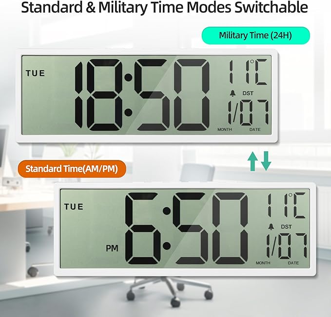 Digital Wall Clock Battery Operated, 15" Digital Clock Large Display with Date and Day of Week, Large Number with Temperature, Auto DST, Alarm, Snooze, 12/24-hour for Desk Office