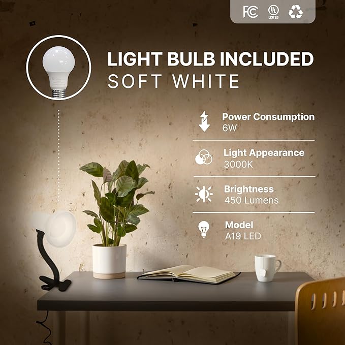 Xtricity LED Clip on Desk Lamp with 360° Flexible Gooseneck, Reading Light for Bed Headboard– 6W A19 Bulb Included, 120V, On/Off Switch, 10.25” Height Table Lamp with White Finish (2 Pack)