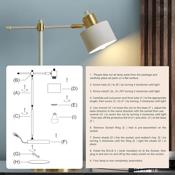 OYEARS Modern Industrial Desk Lamp for Reading LED 22.2“ Metal Table Lamp Light for Office Bedroom Study Room Living Room Nightstand Bedside Lamps Gold and Matte Cream Accent (Cream, Bulb Included)