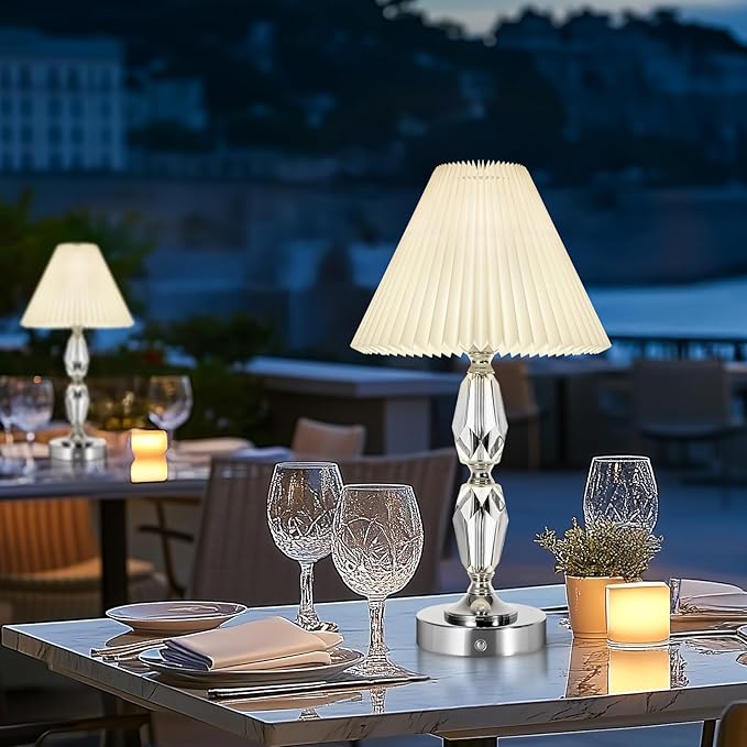Rechargeable Table Lamp With Touch Dimmer,Acrylic Cordless Lamp with 4400mAh Battery Operated,3-Level Brightness,Pleated Linen Fabric Shade,Portable Cordless Table Lamp for Dinner,Patio(Bulb Included)