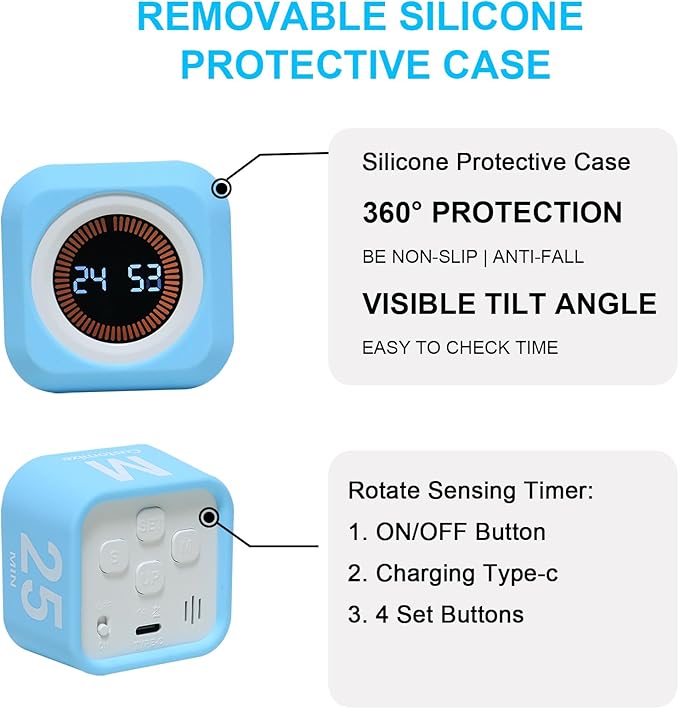FCXJTU Rotating Cube Pomodoro Visual Timer 5, 25, 10 50 Minutes Preset, Rechargeable Desk Productivity Flip Custom Countdown Timer w/Silicone Cover, Silent Mode for ADHD Study, Work, School(Orange)