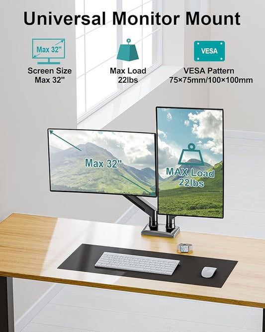 Dual Monitor Arm Desk Mount Fits 13 to 32 inch Computer Screens, Holds 4.4 to 22lbs Display VESA Mount, Adjustable Double Monitor Stand with Clamp/Grommet Base, 75/100mm Bracket, Black, Freelift