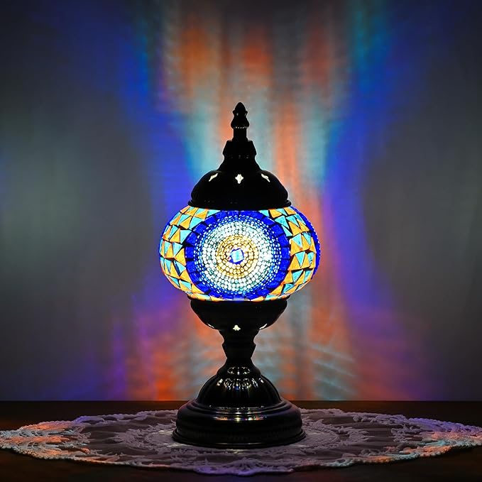 Turkish Moroccan Table Lamp Lantern with Handmade Mosaic Glass Lampshade Tiffany Style Bohemian Stained Glass Decorative Desk Lamps Bedside Night Lights for Bedroom (Blue Colorful)