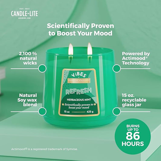 Candle-Lite Vibes Herbaceous Mint Mood-Enhancing Scented Candles, 15 oz Jar, Aromatherapy, Proudly Poured in The USA, 2-Wick, 86 Hours Burn Time, Perfect Relaxation Gift