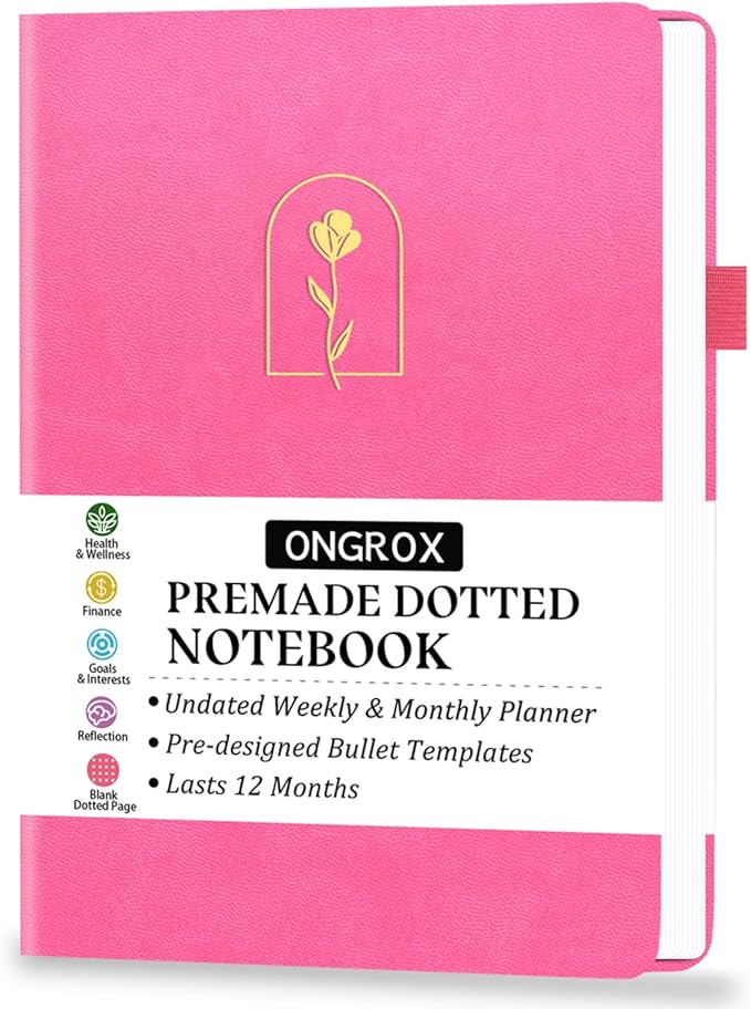 Premade Bullet Style Notebook with Undated Weekly & Monthly Planner, Dotted Journal with Pre-made Bullet Planner Stencils, Dot Grid Journaling with Habits & Mood Tracker, 12 Month Organization, A5