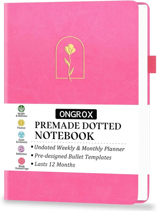 Premade Bullet Style Notebook with Undated Weekly & Monthly Planner, Dotted Journal with Pre-made Bullet Planner Stencils, Dot Grid Journaling with Habits & Mood Tracker, 12 Month Organization, A5